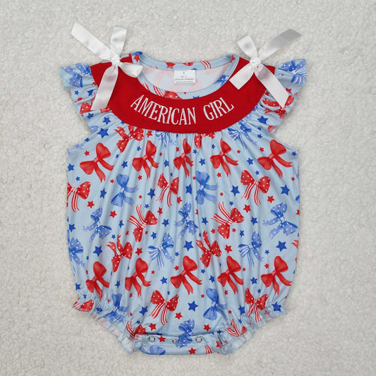 SR2589  AMERICAN GIRL Embroidery Bows Print Baby Girls 4th of July Romper