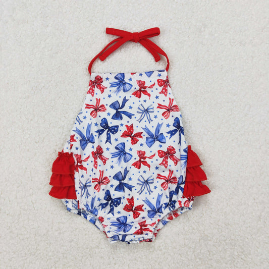 SR2591  Red Blue Bows Stars Print Baby Girls 4th of July Halter Bubble Romper