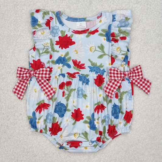 SR2593  Flowers Blue Print Baby Girls Summer Romper