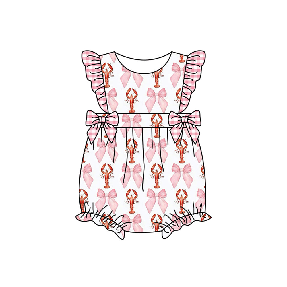 (Pre-order)SR2612 Crayfish Pink Bows Print Baby Girls Summer Romper