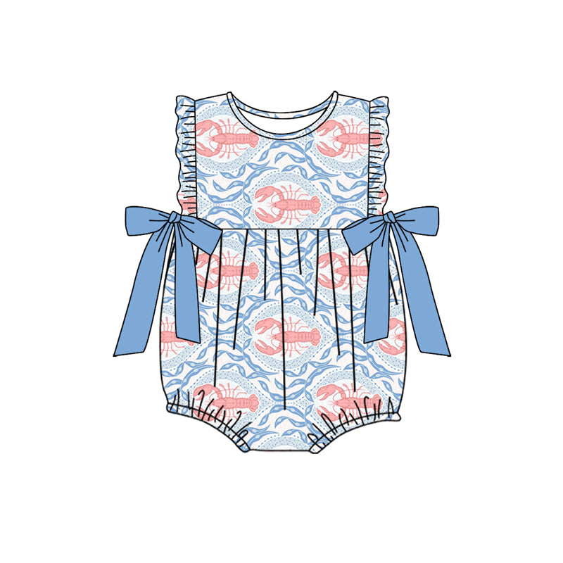 (Pre-order)SR2613 Crayfish Blue Print Baby Girls Summer Romper