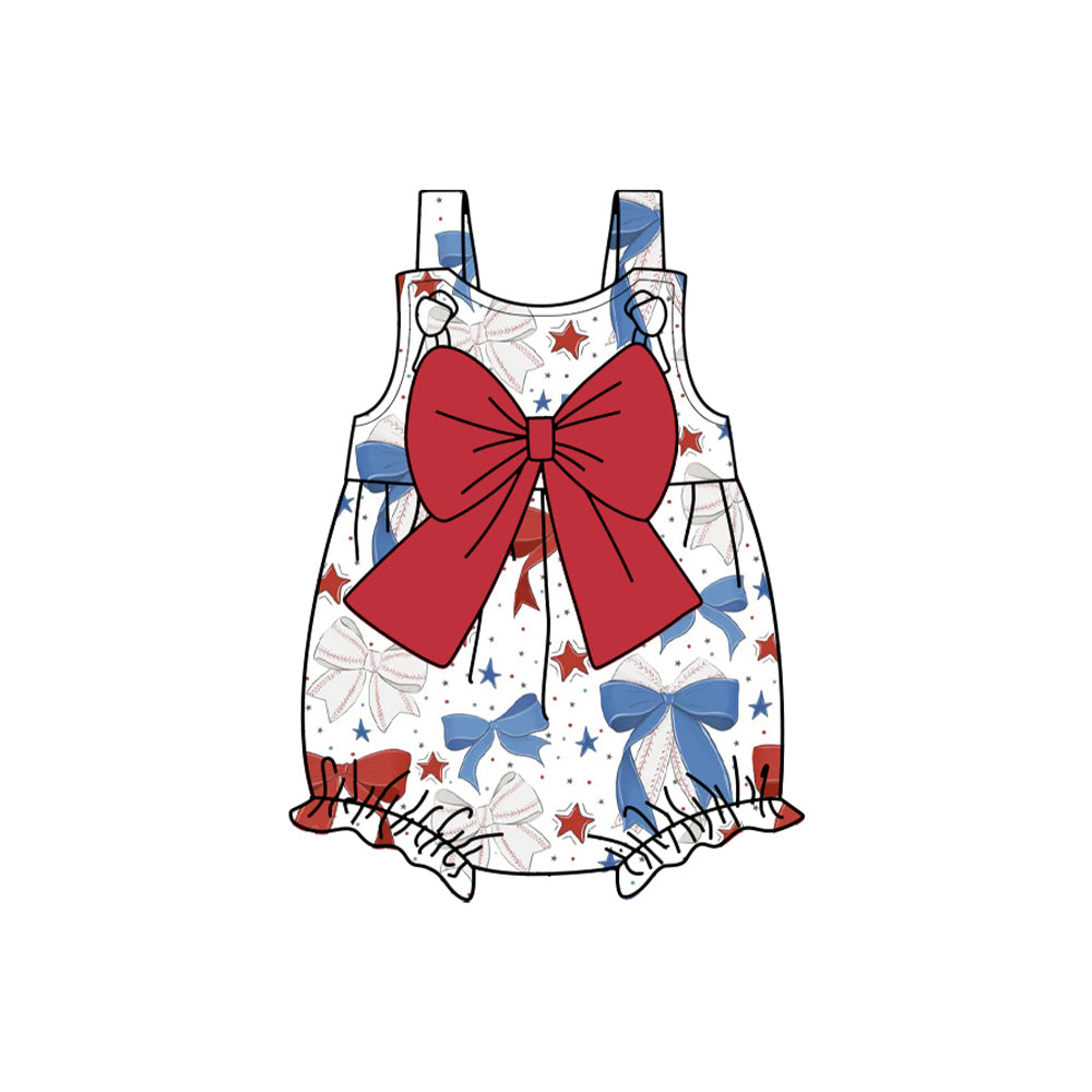 (Pre-order)SR2621 Bows Stars Print Baby Girls 4th of July Romper