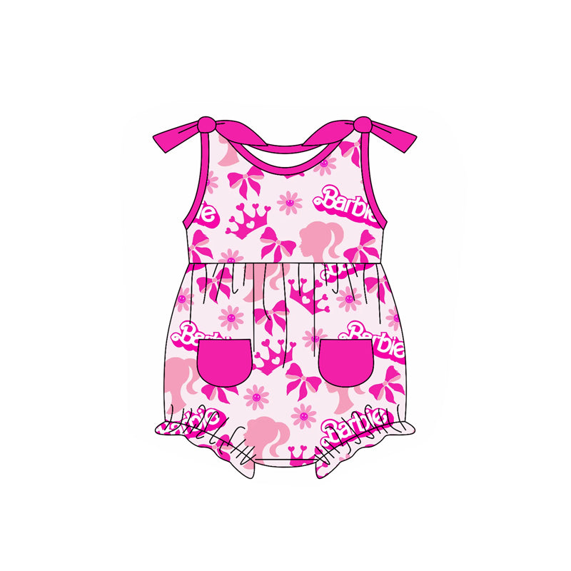 (Pre-order)SR2622 Pink BA Bows Flowers Print Pockets Baby Girls Summer Romper