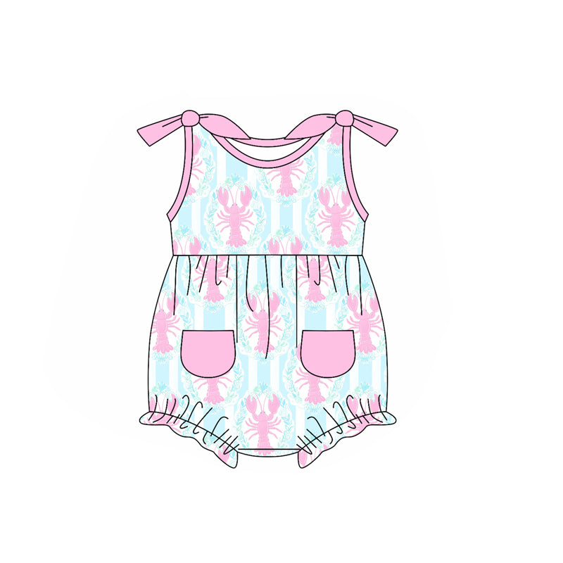 (Pre-order)SR2623 Pink Crayfish Print Pockets Baby Girls Summer Romper