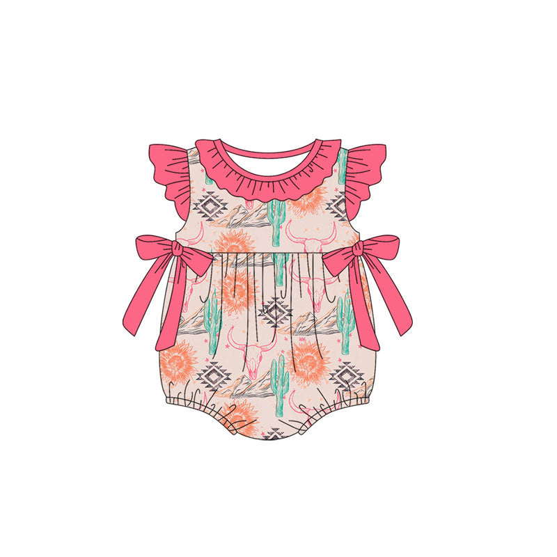 (Pre-order)SR2627 Cow Skull Cactus Western Print Baby Girls Summer Romper