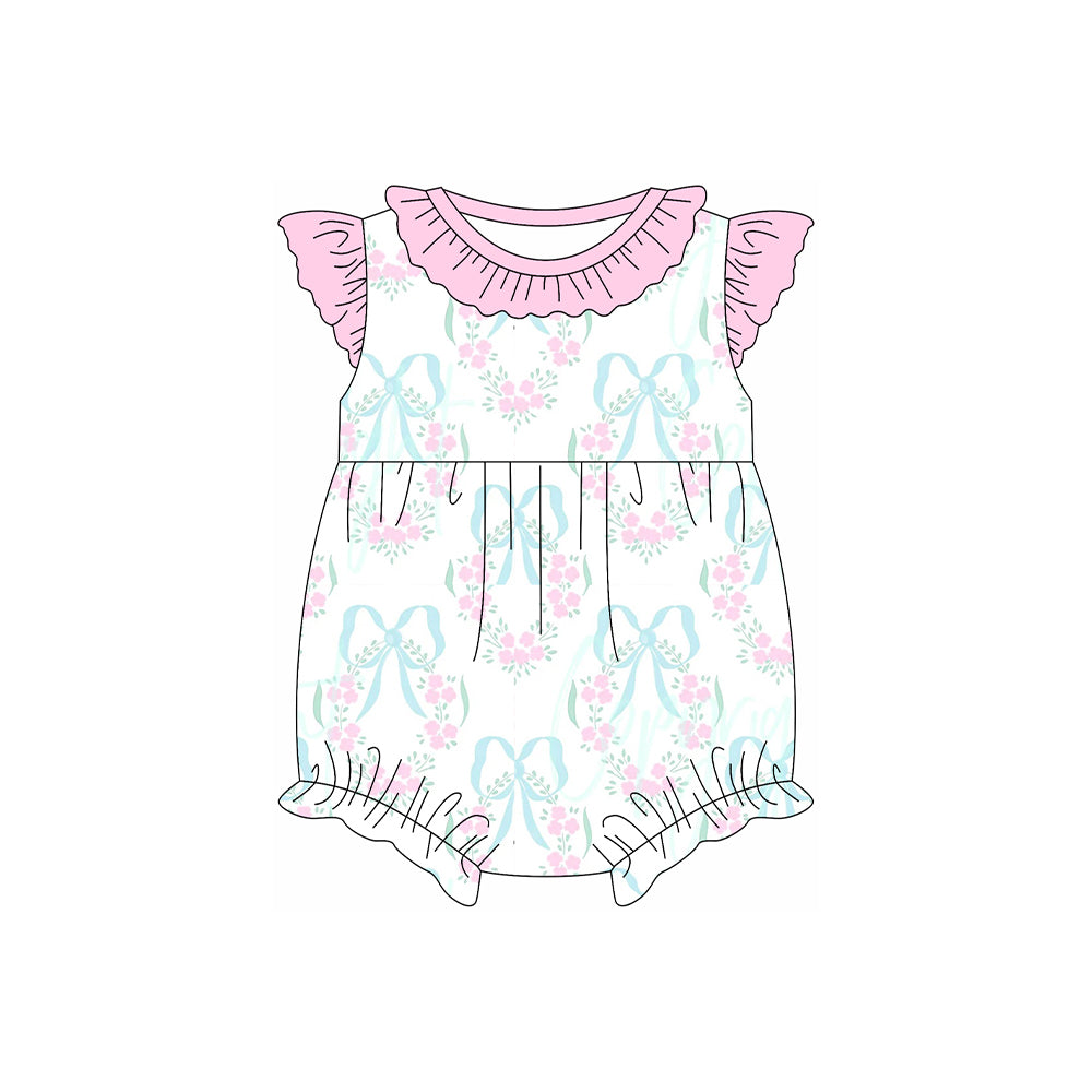 (Pre-order)SR2629 Bows Flowers Print Baby Girls Summer Romper