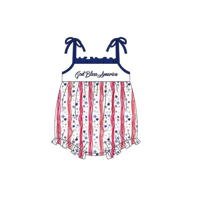 (Pre-order)SR2636 God Bless America Stars Print Baby Girls 4th of July Romper
