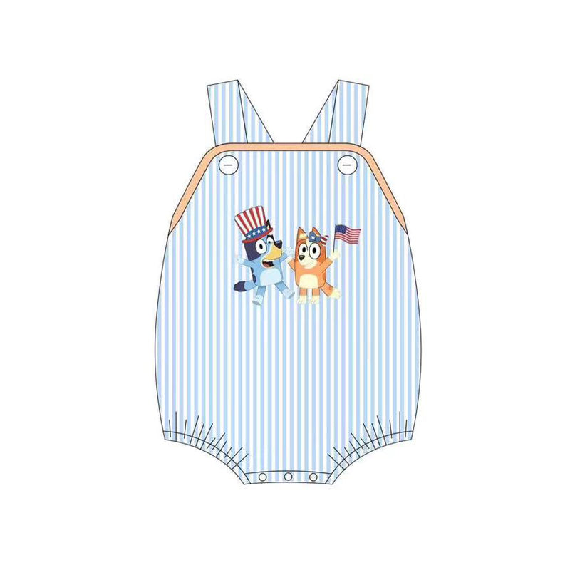 (Pre-order)SR2641 Cartoon Dog Flag Stripes Print Baby Boys 4th of July Romper