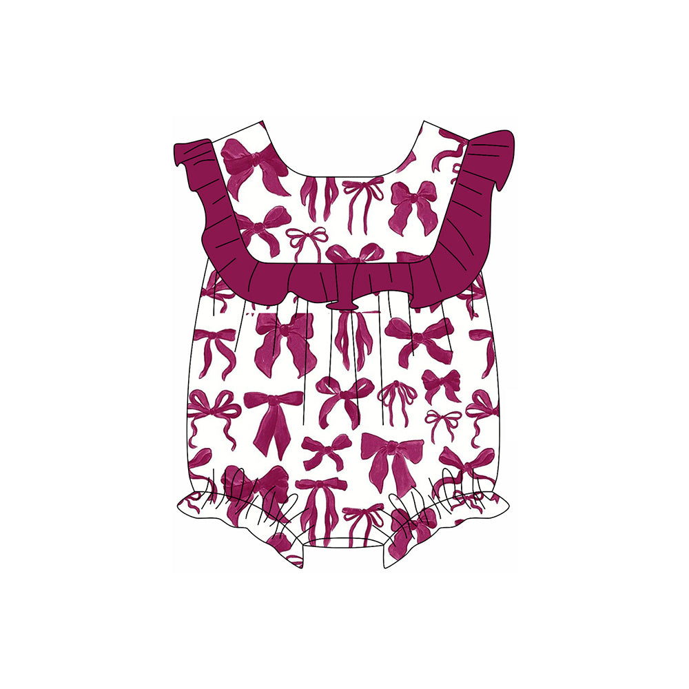 (Pre-order)SR2647 Wine Bows Print Baby Girls Summer Romper