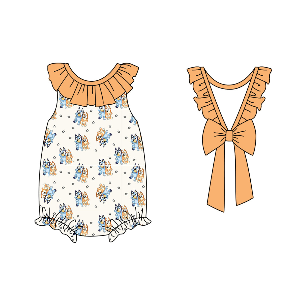 (Pre-order)SR2651 Cartoon Dog Orange Print Bow Baby Girls Summer Romper