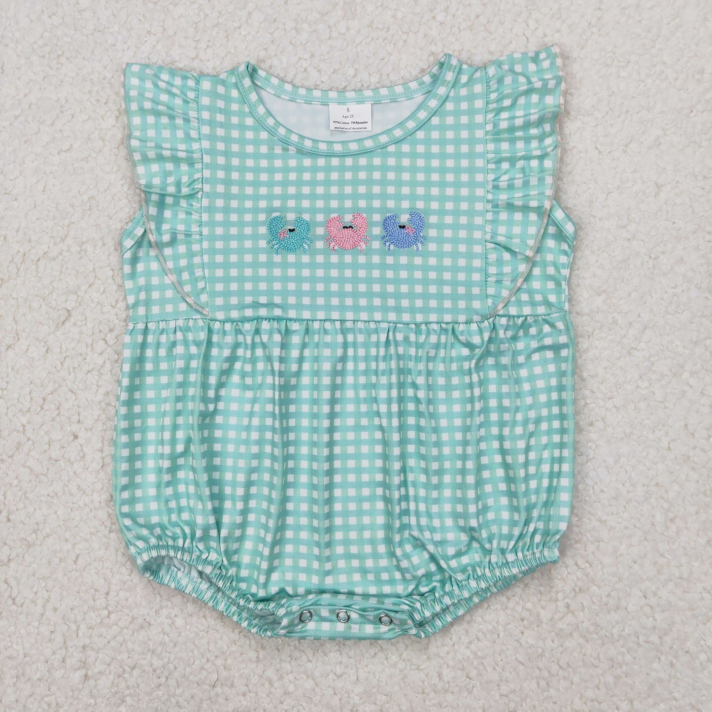 SR2659  Crab Embroidery Plaid Print Baby Girls Summer Romper