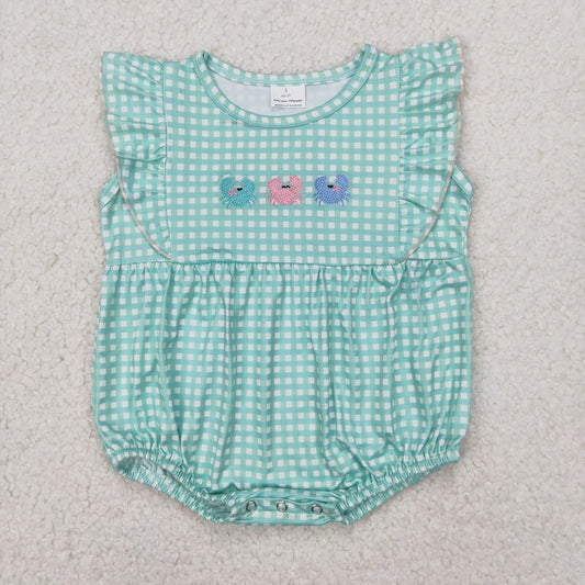 SR2659  Crab Embroidery Plaid Print Baby Girls Summer Romper