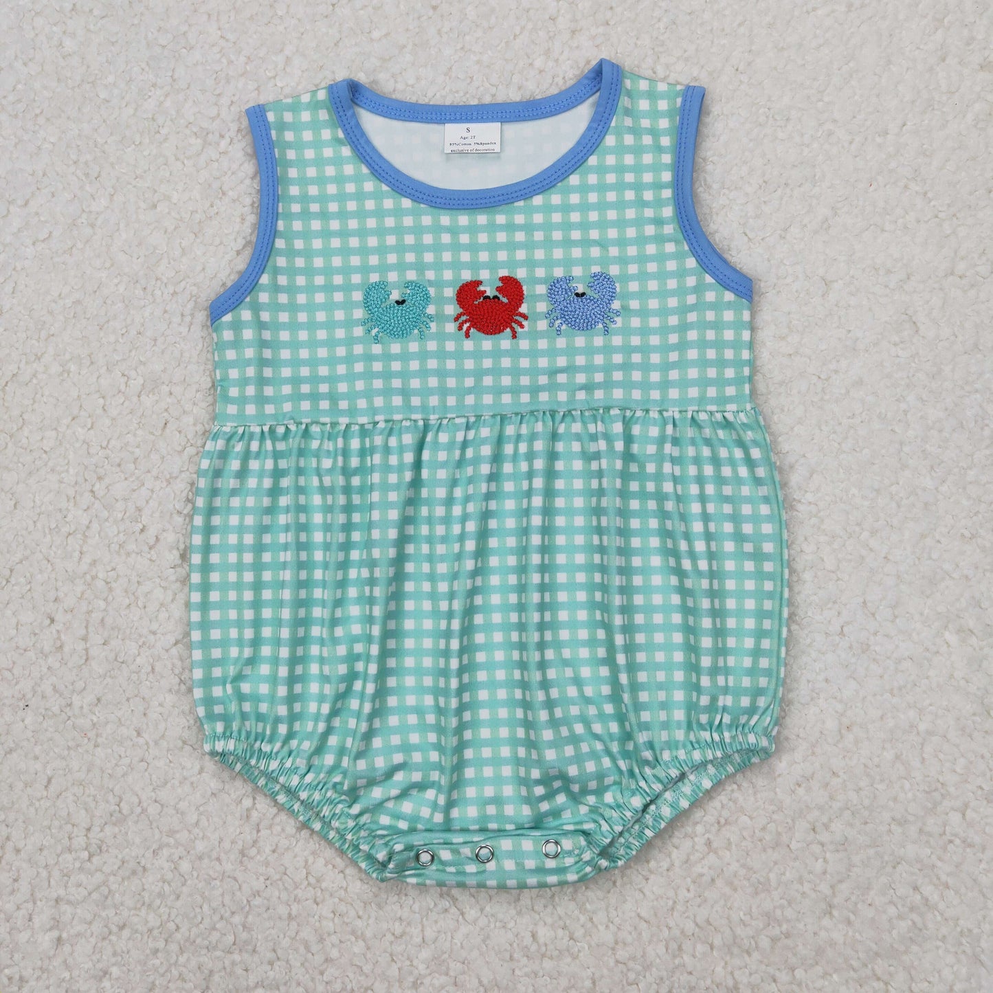 SR2660  Crab Embroidery Plaid Print Baby Boys Summer Romper