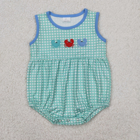 SR2660  Crab Embroidery Plaid Print Baby Boys Summer Romper