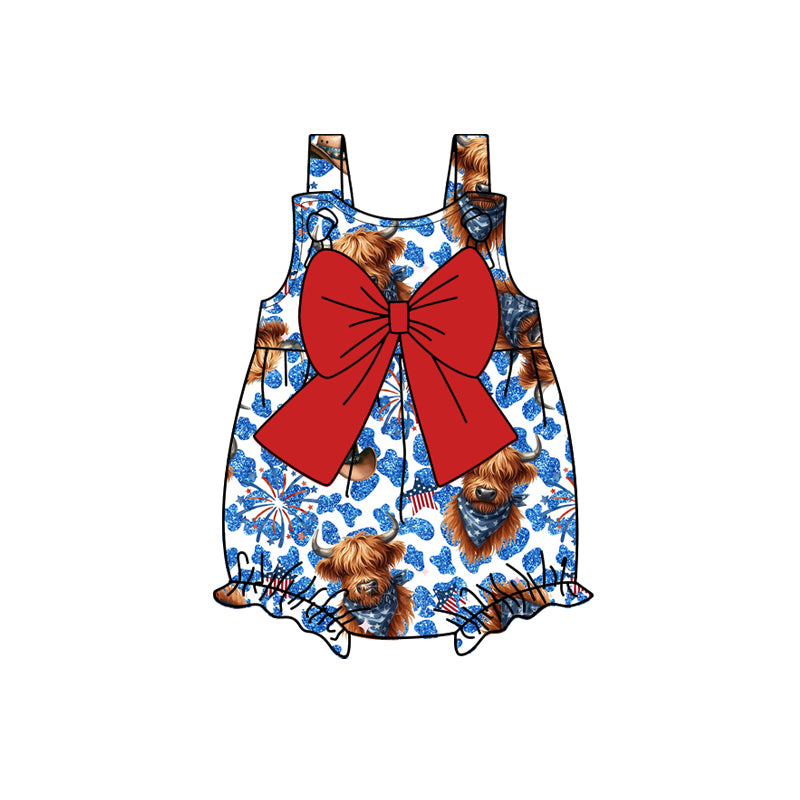 (Pre-order)SR2663 Highland Cow Fireworks Print Bows Baby Girls 4th of July Romper