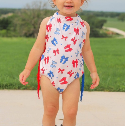 (Pre-order)SR2675 Red Blue Bows Stars Print Baby Girls 4th of July Tassels Romper