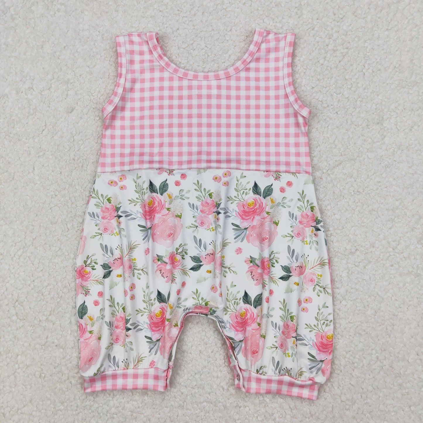 SR2678 Pink Flowers Plaid Print Baby Girls Summer Romper