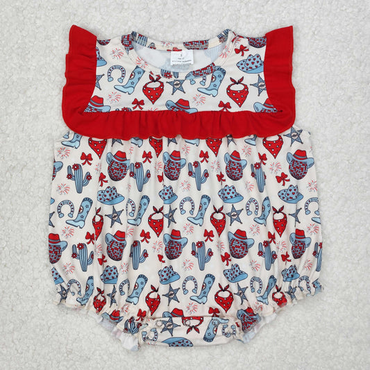 SR2680  Hat Boots Fireworks Cactus Print Baby Girls 4th of July Western Romper