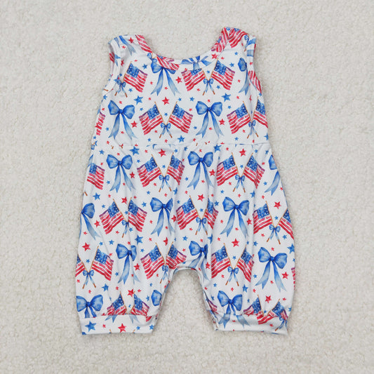 SR2681  Bows Flag Stars Print Baby Girls 4th of July Romper