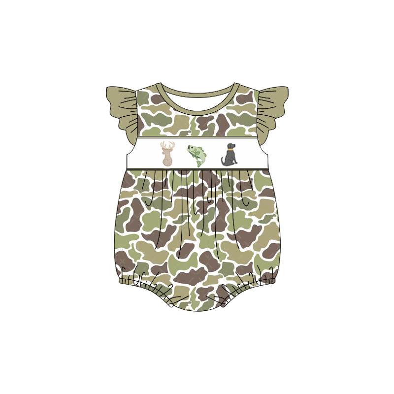 (Pre-order)SR2686 Deer Fish Dog Camo Print Baby Girls Summer Romper