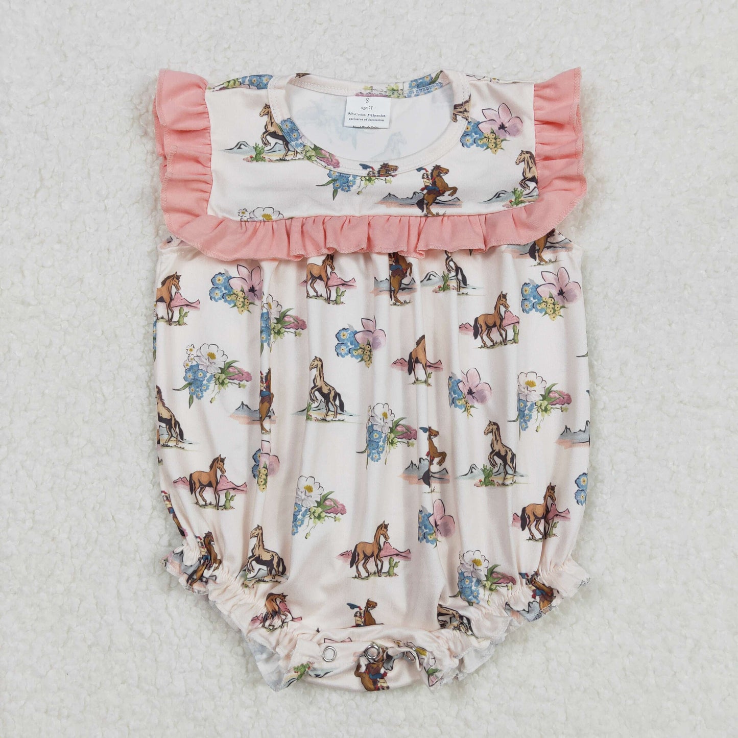 SR2690 Horse Flowers Print Baby Girls Summer Western Romper