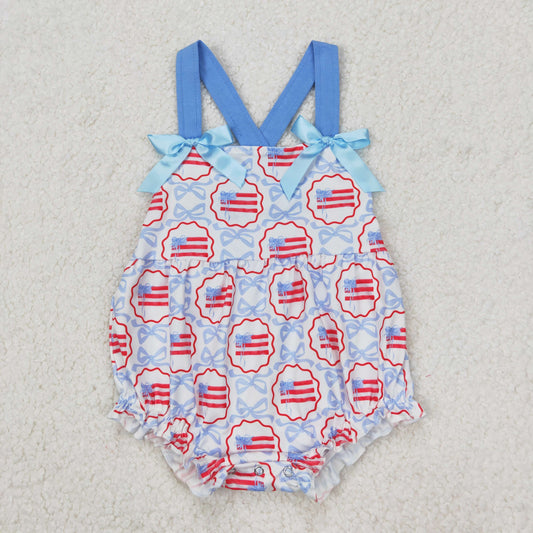 SR2691  Flag Bows Print Baby Girls 4th of July Romper