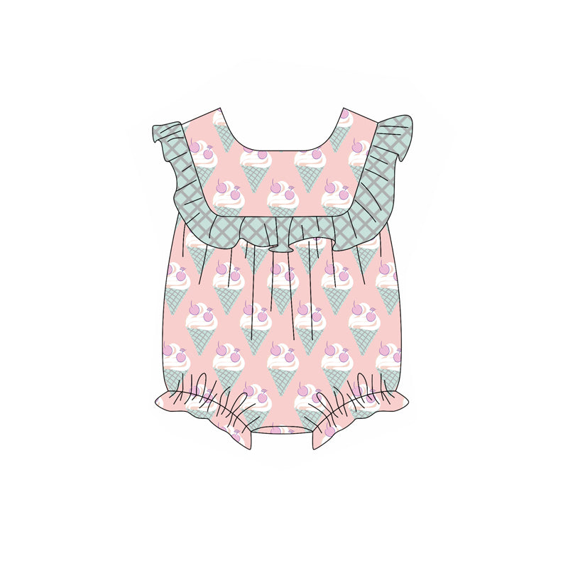 (Pre-order)SR2703 Cherry Ice Cream Print Baby Girls Summer Romper