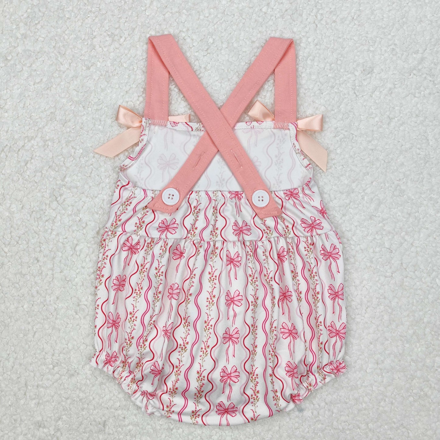 SR2704 Small Flowers Pink Bows Print Baby Girls Summer Romper