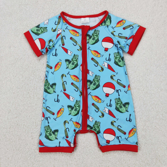 SR2707  Fishing Print Baby Boys Summer Sleeper Zipper Romper