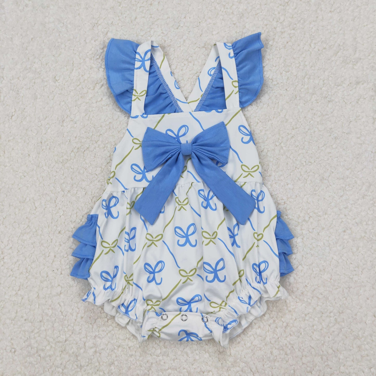 SR2720 Blue Bows Print Baby Girls Summer Bubble Romper