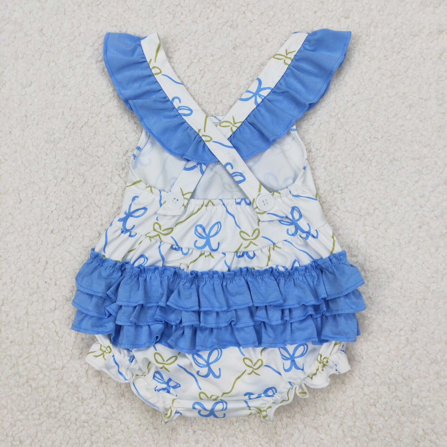 SR2720 Blue Bows Print Baby Girls Summer Bubble Romper