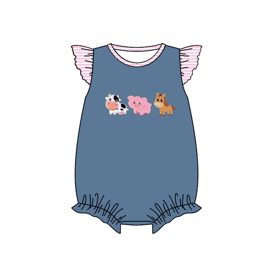 (Pre-order)SR2723 Farm Animals Blue Print Baby Girls Summer Romper