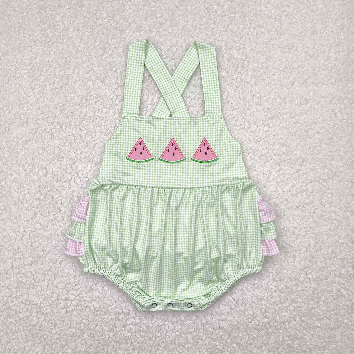 SR2764 Watermelon Embroidery Plaid Baby Girls Summer Bubble Romper