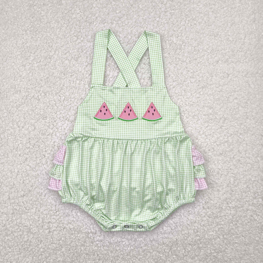 SR2764 Watermelon Embroidery Plaid Baby Girls Summer Bubble Romper