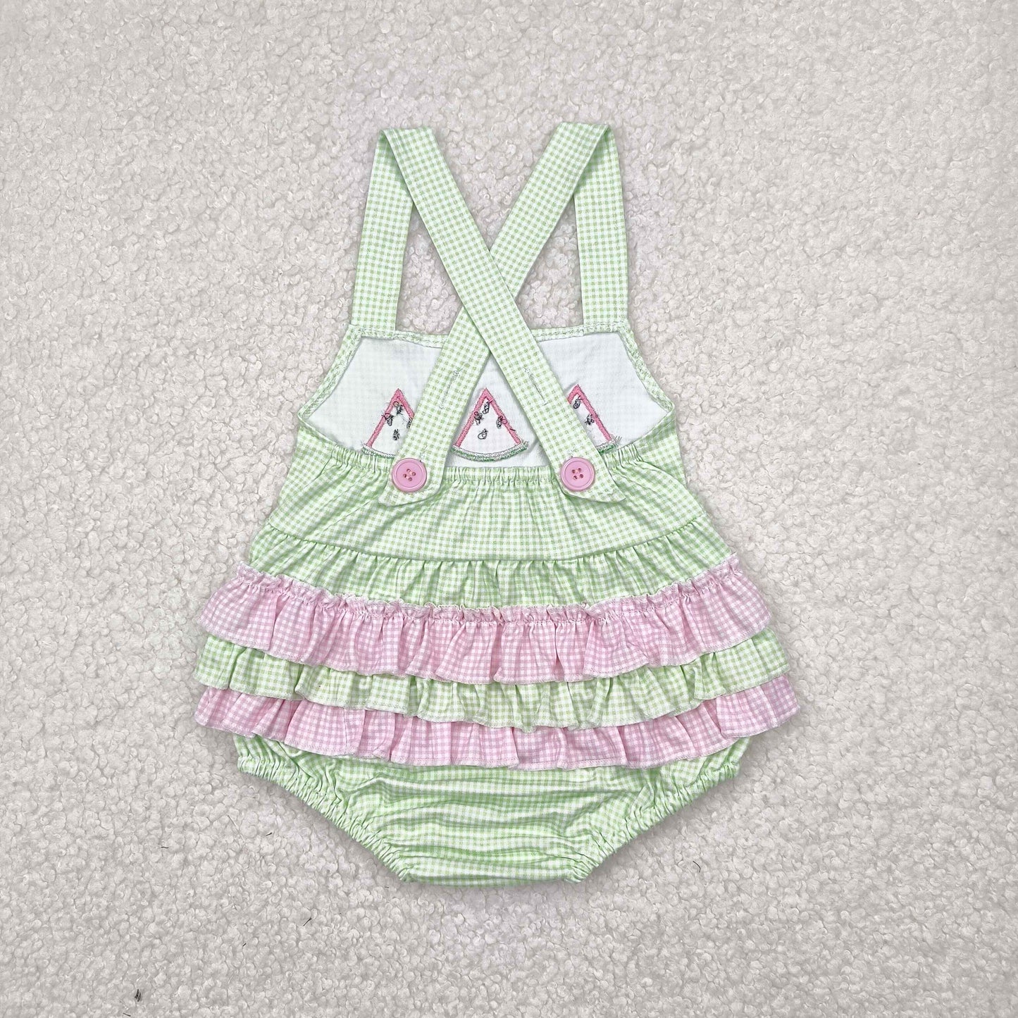SR2764 Watermelon Embroidery Plaid Baby Girls Summer Bubble Romper