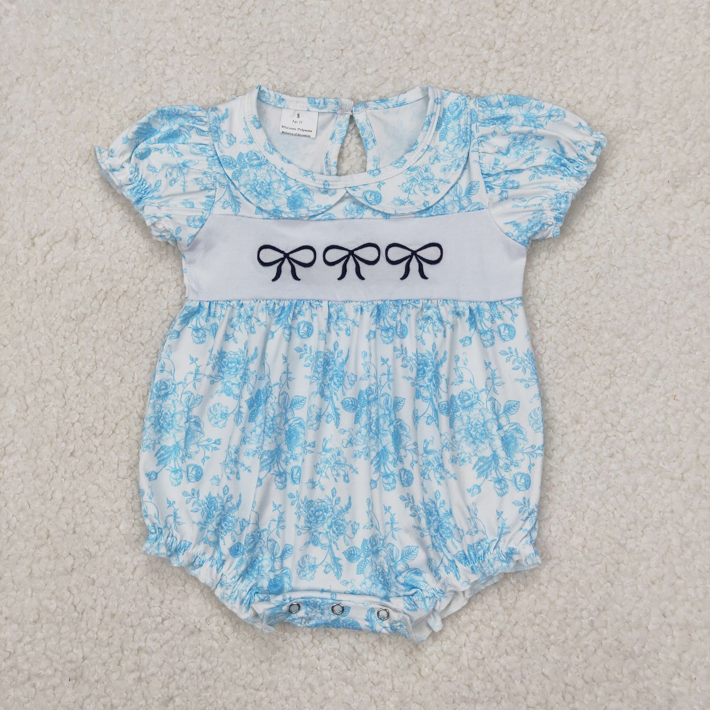 SR2784 Blue Embroidery Bows Flowers Print Baby Girls Summer Romper