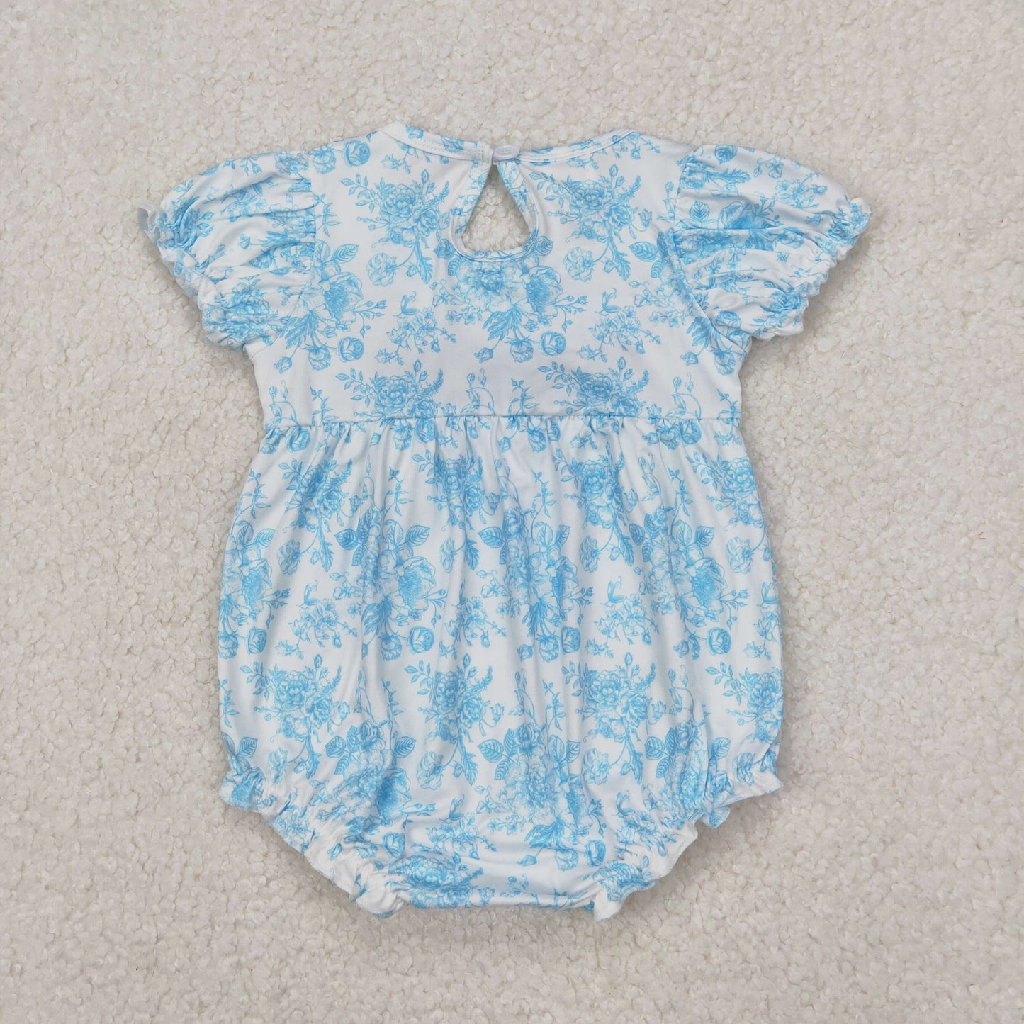 SR2784 Blue Embroidery Bows Flowers Print Baby Girls Summer Romper