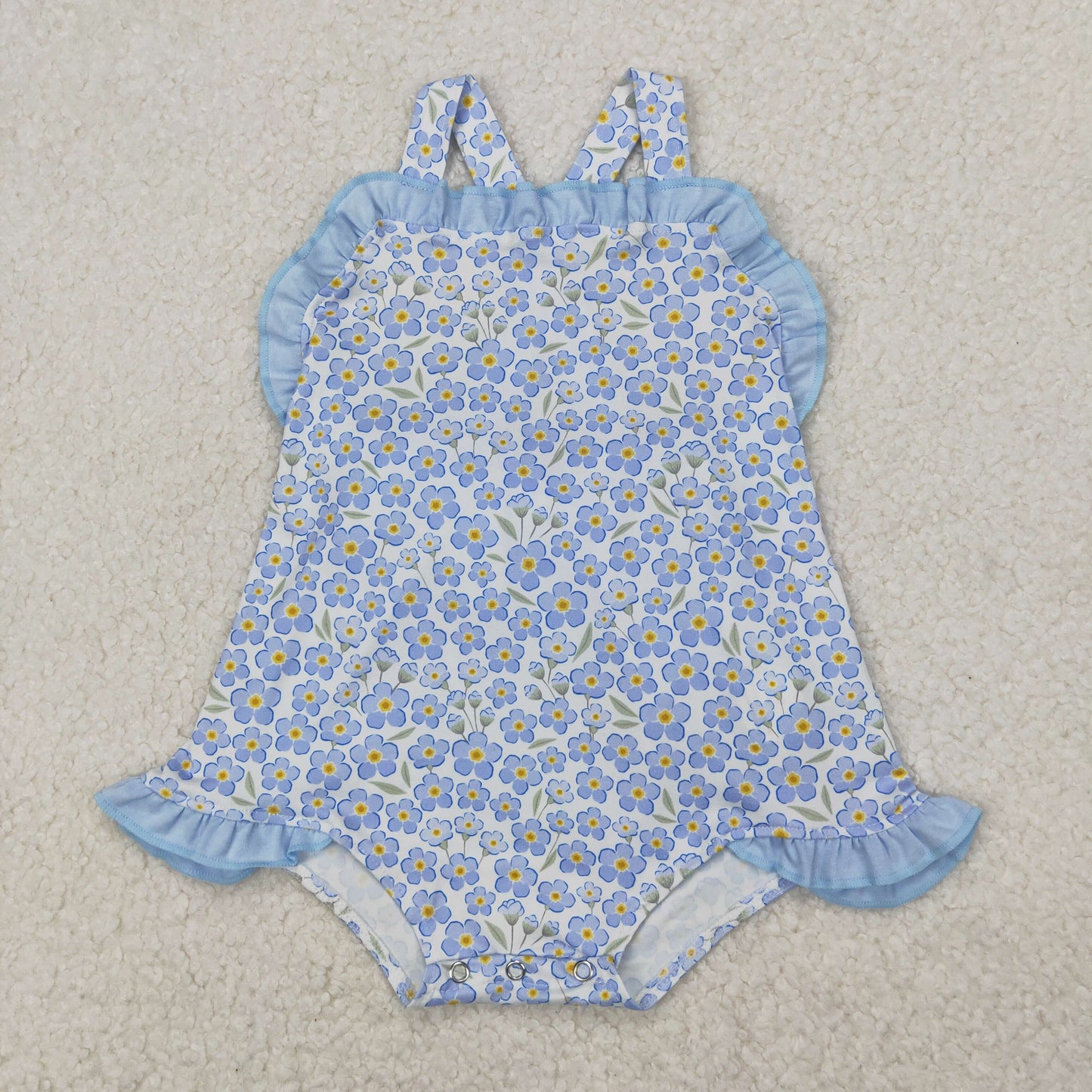 SR2791 Blue Small Flowers Print Baby Girls Summer Romper