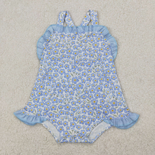 SR2791  Blue Small Flowers Print Baby Girls Summer Romper