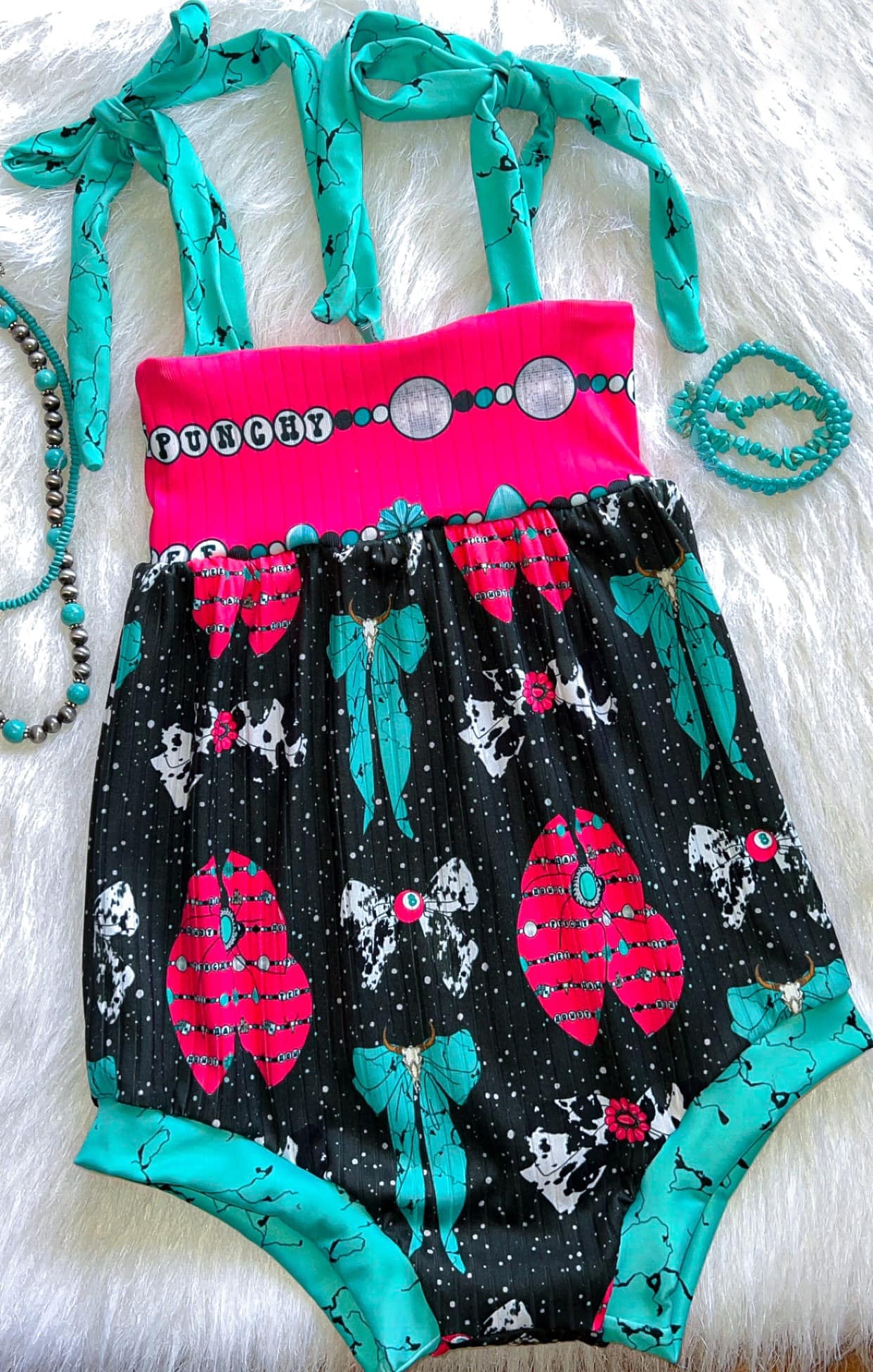 (Pre-order)SR2800 Turquoise Bows Print Baby Girls Summer Romper