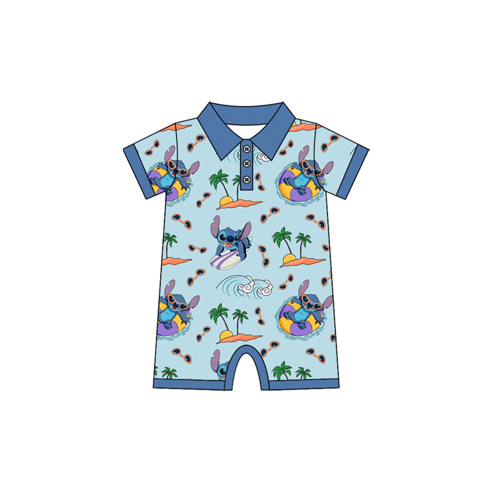 (Pre-order)SR2813 Cartoon Stitc* Blue Print Baby Boys Summer Romper