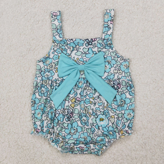 SR2829  Blue Flowers Print Big Bow Baby Girls Summer Romper