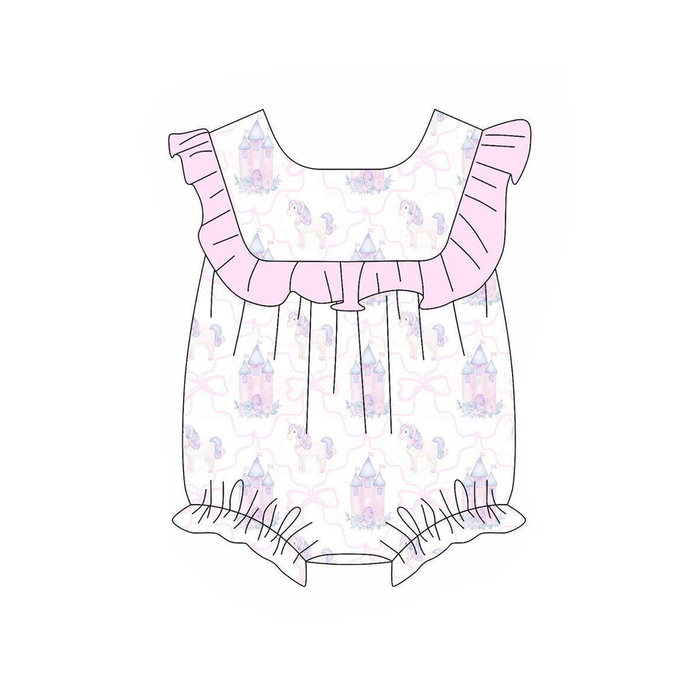 (Pre-order)SR2830 Unicorn Castle Print Baby Girls Summer Romper