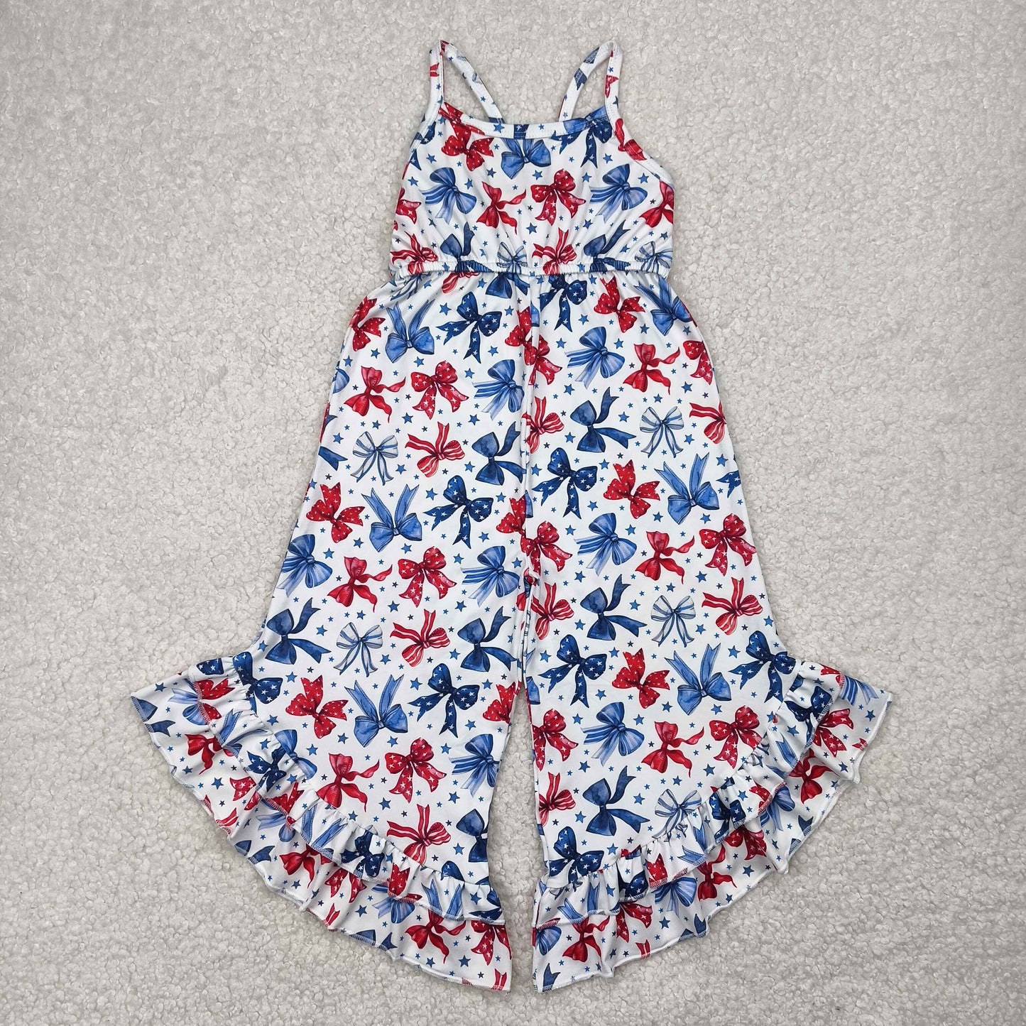 SR2865 Red Blue Bows Print Girls 4th of July Jumpsuits