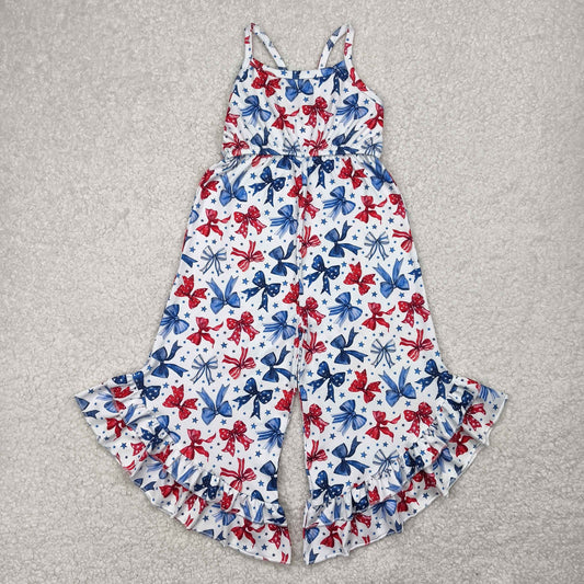 SR2865 Red Blue Bows Print Girls 4th of July Jumpsuits