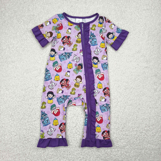 SR2870 Cartoon Princess Purple Print Baby Girls Summer Zipper Romper