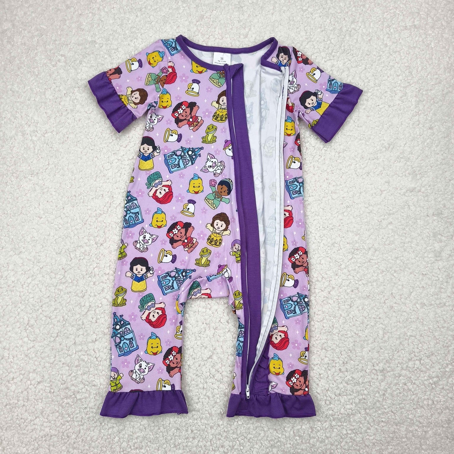 SR2870 Cartoon Princess Purple Print Baby Girls Summer Zipper Romper