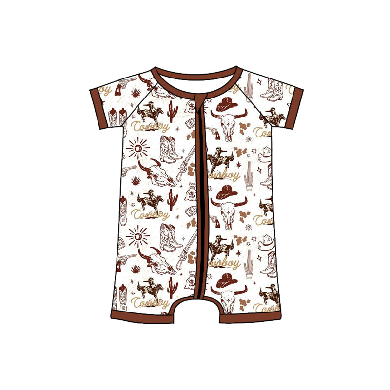 (Pre-order)SR2871 Cowboy Cow Skull Boots Print Baby Boys Summer Zipper Romper