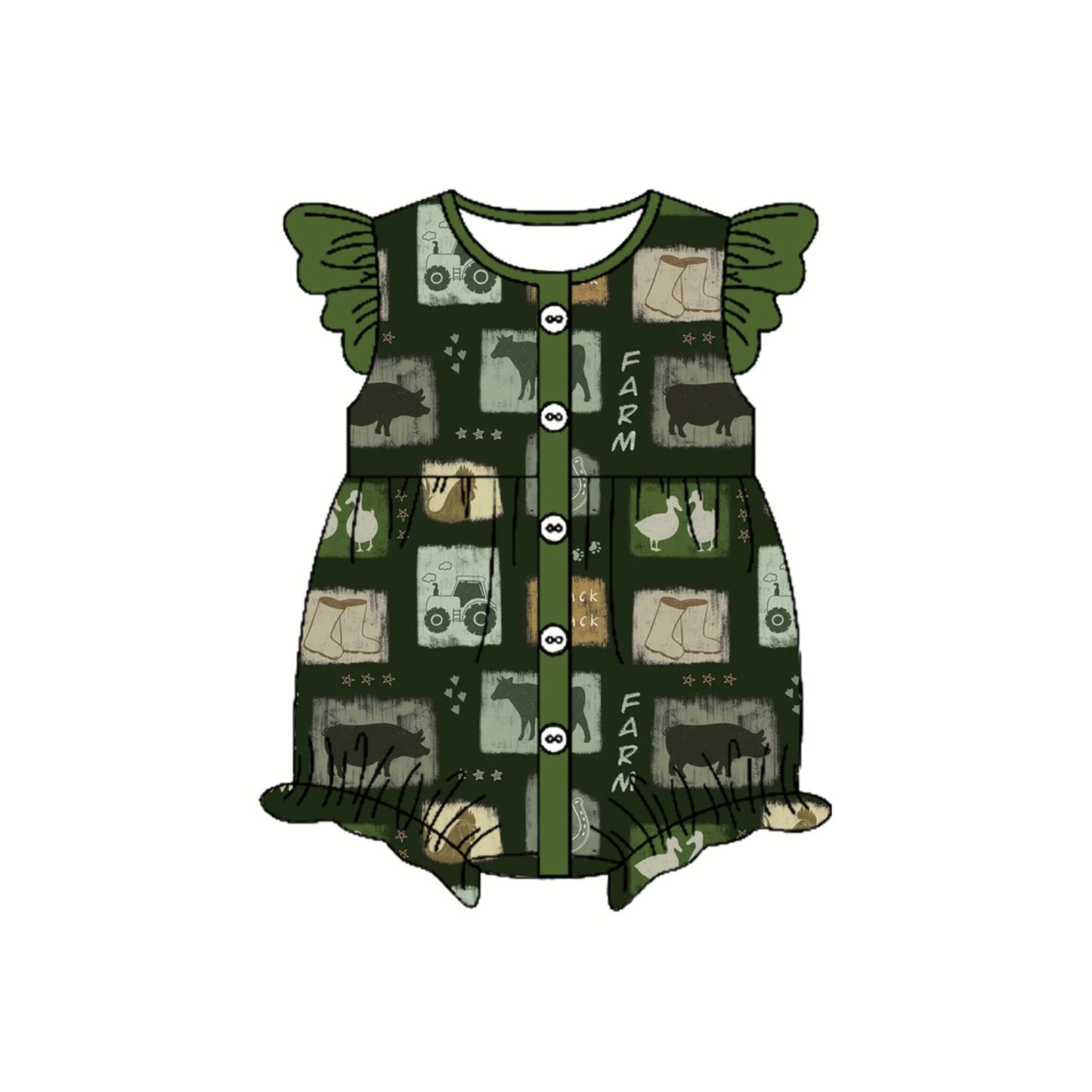 (Pre-order)SR2873 Farm Animals Green Print Baby Girls Summer Romper