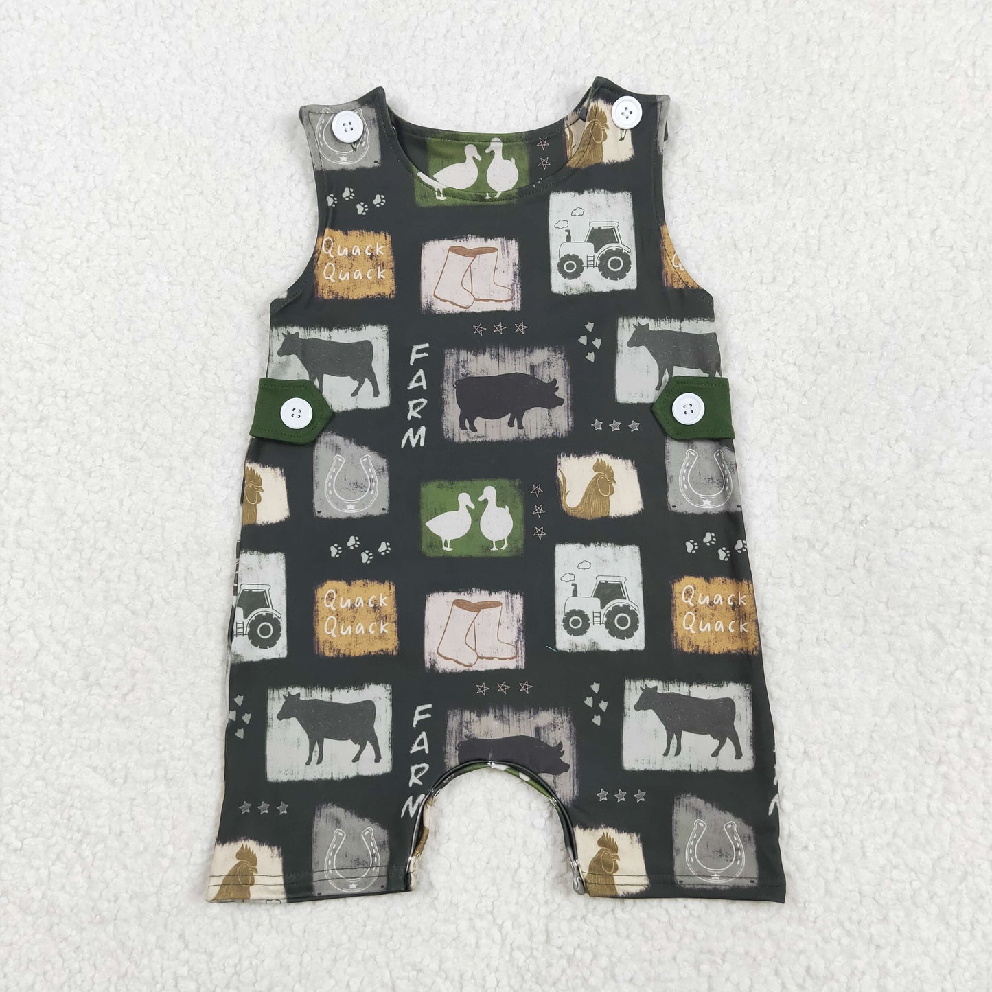SR2874 Farm Animals Green Print Baby Boys Summer Romper